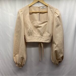 Women’s Linen cropped top puff sleeves tie back button at back neck SZ 38 (8)
